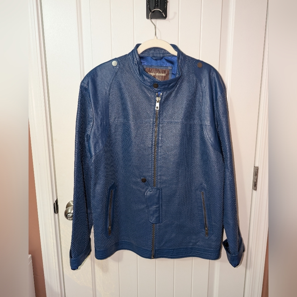 Vintage Sergio Beninni Perforated Leather Moto Jacket Men's L Blue